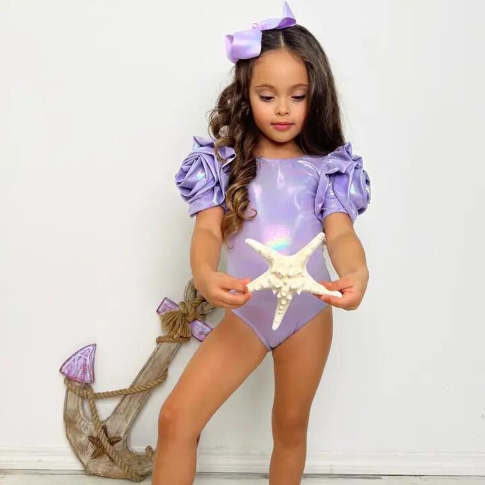 metalic light purple Rose Sleeve One Piece Swimsuit